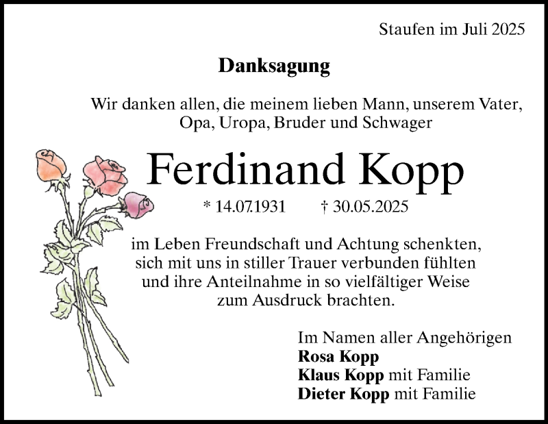 Todesanzeige Ferdinand kopp